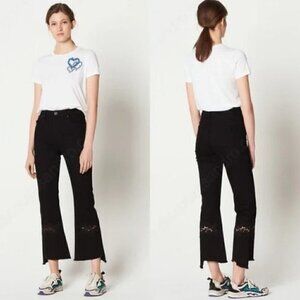Sandro Paris Tori Flared Lace Inset High Rise Raw Hem Jeans Size 38   (M /6-8)